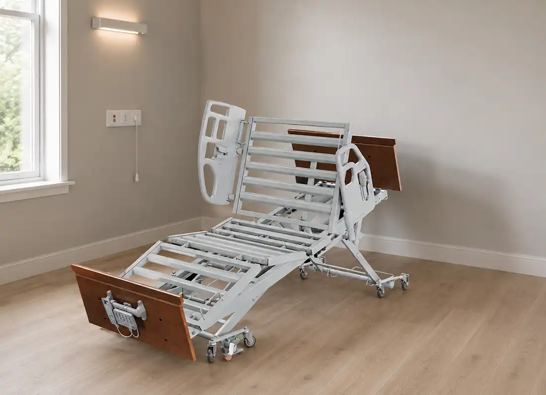 Patient Care hospital bed reclined up.